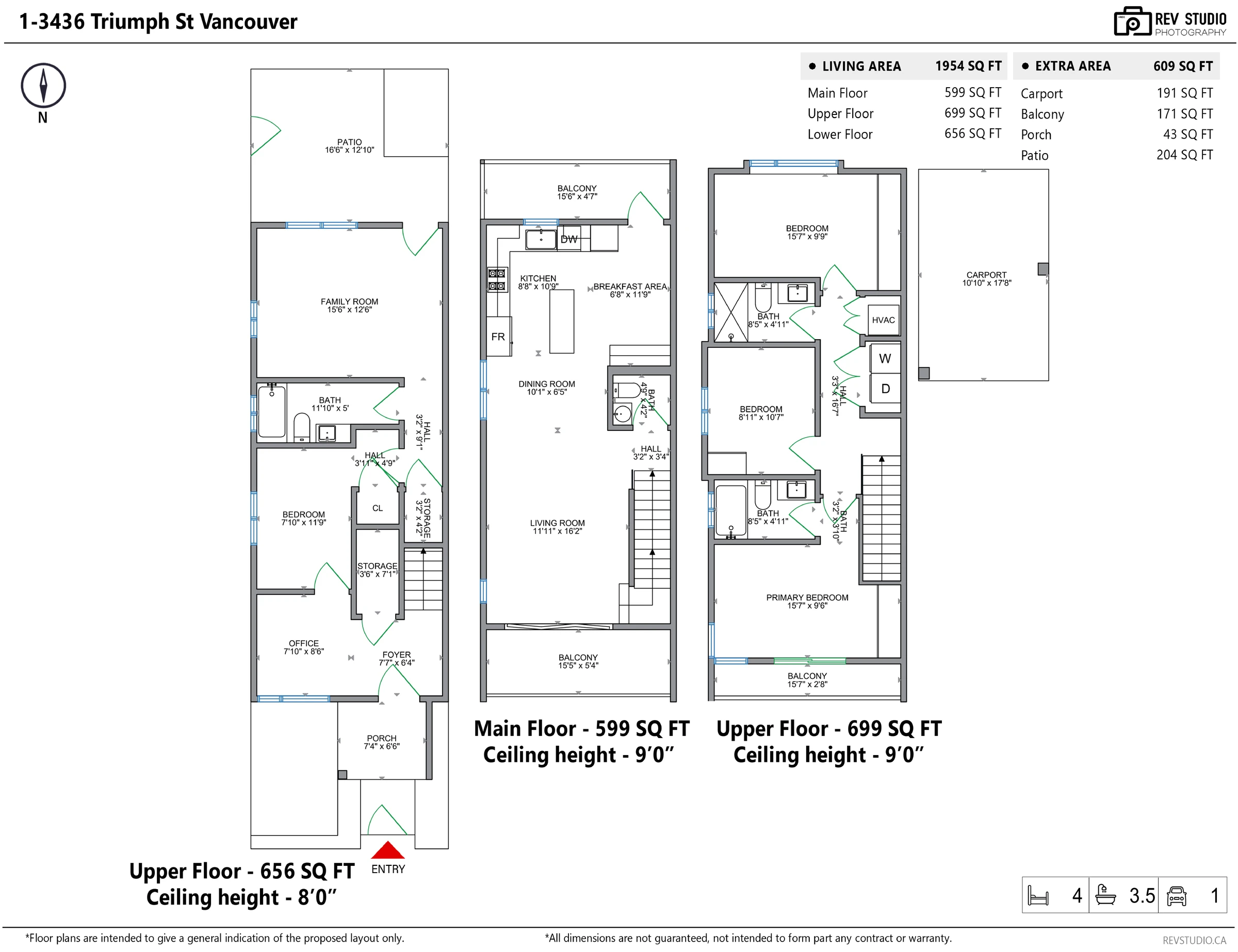 Measured floor plan of 1-3436 Triumph Street showing the lower, main and top floors with room dimensions